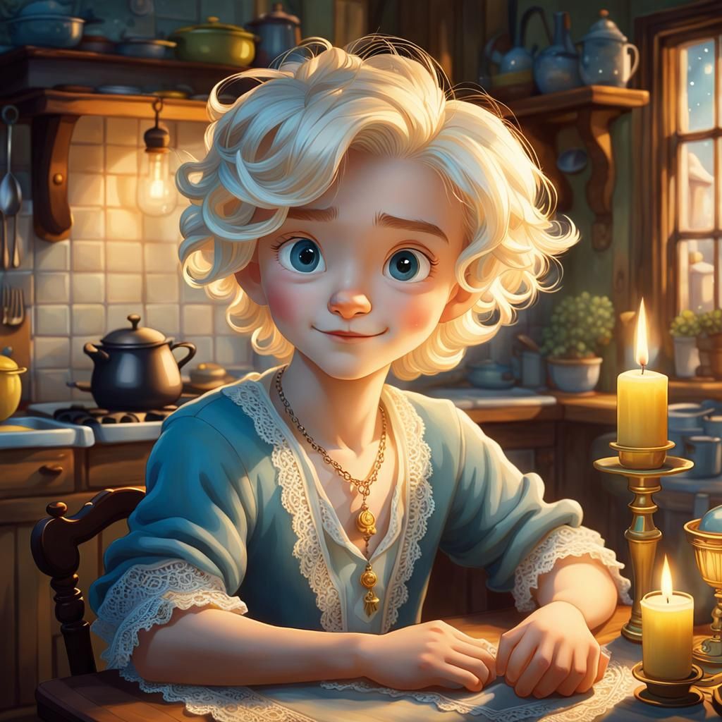 Cartoon Boy in Candlelight: Arte Povera Style