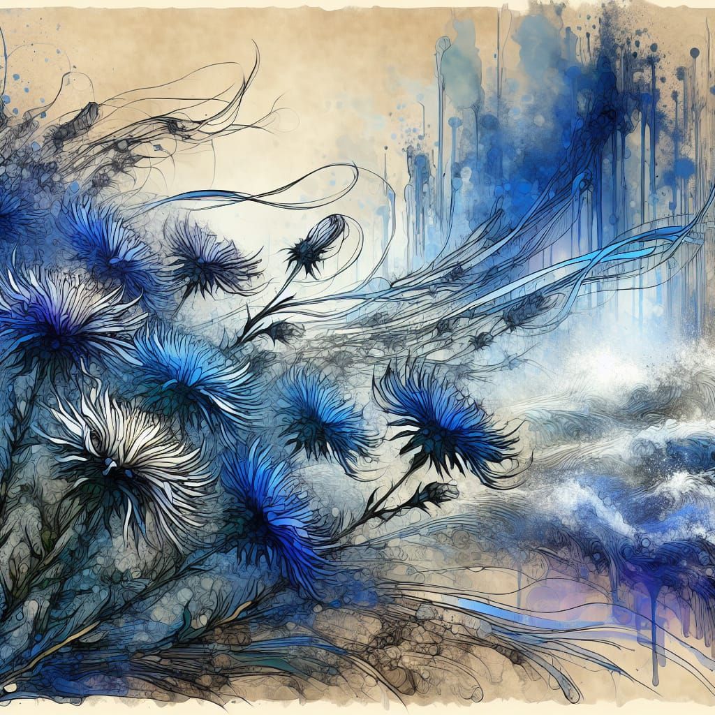 Blue Asters Bending: An Ink and Watercolor Illustration