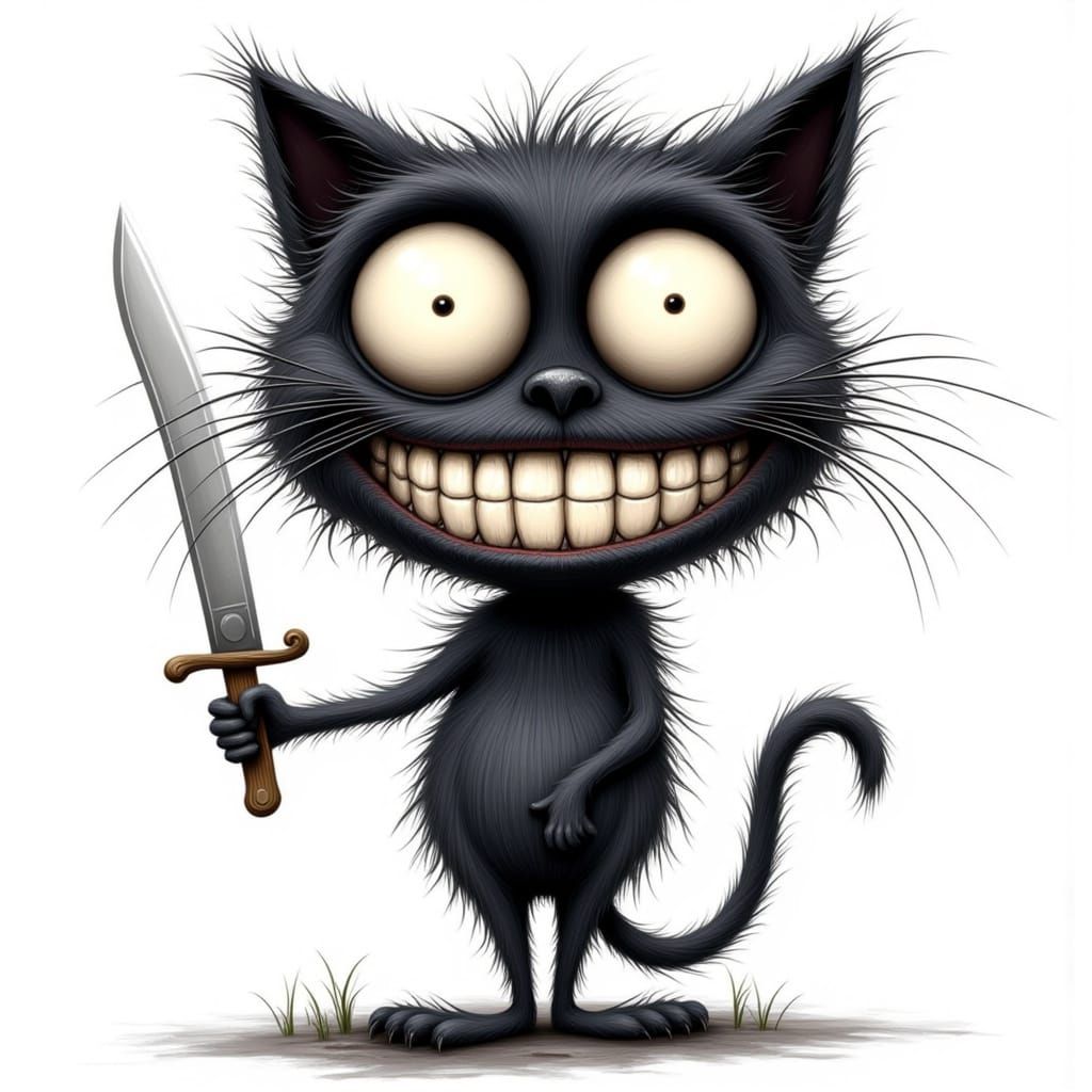 Whimsical Gothic Cat with Knife in Burton Style