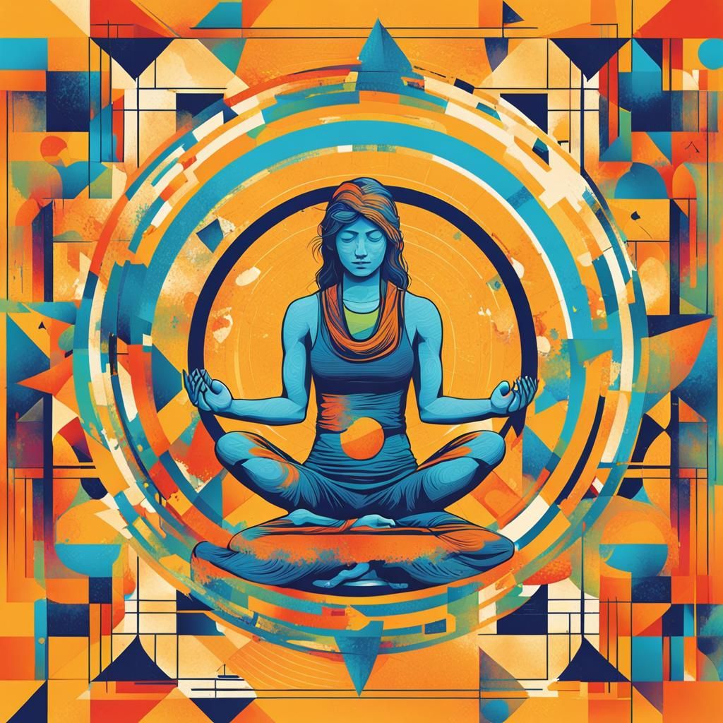 Serene Yoga Poses in Nature: Geometric Bauhaus Digital Art