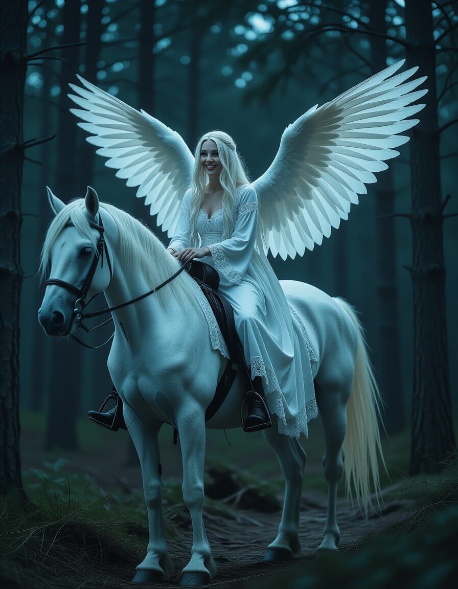 Eerie Witch with Angel Wings Rides Pale Horse
