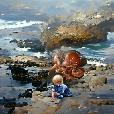 Child's Seaside Discovery: Tidepool Octopus in Oil Painting ...