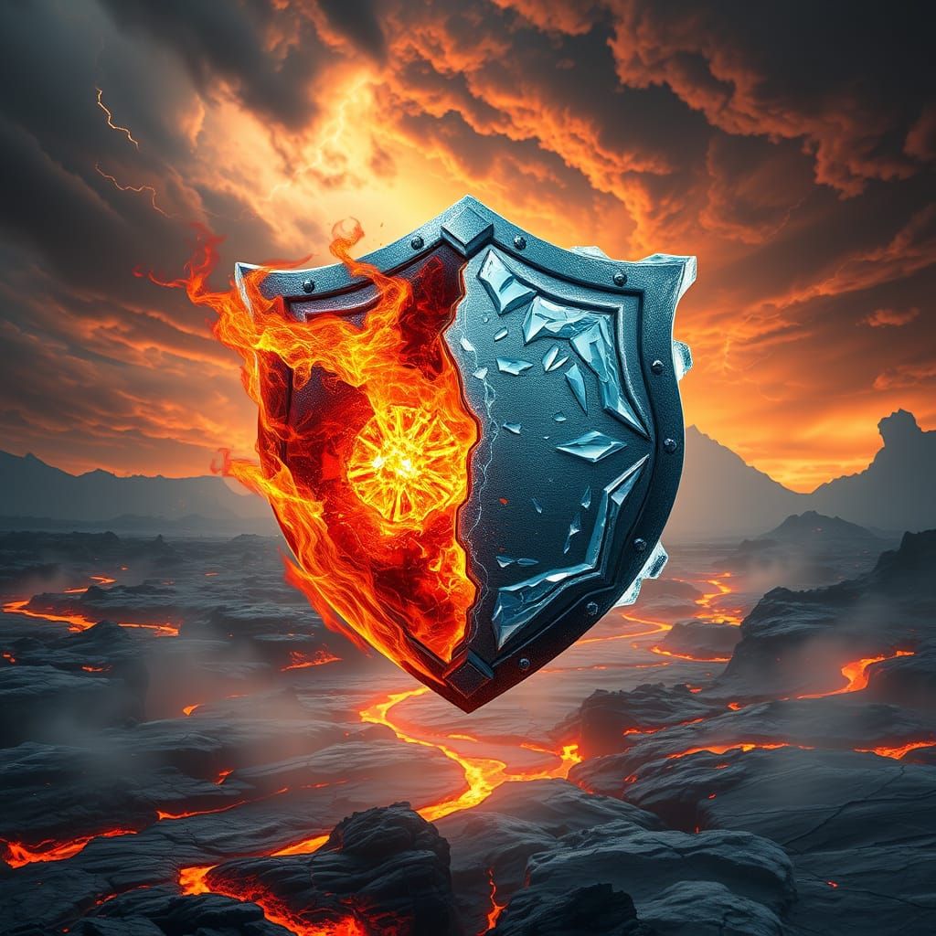 Fiery Ice Shield Levitates in Apocalyptic Volcanic Landscape