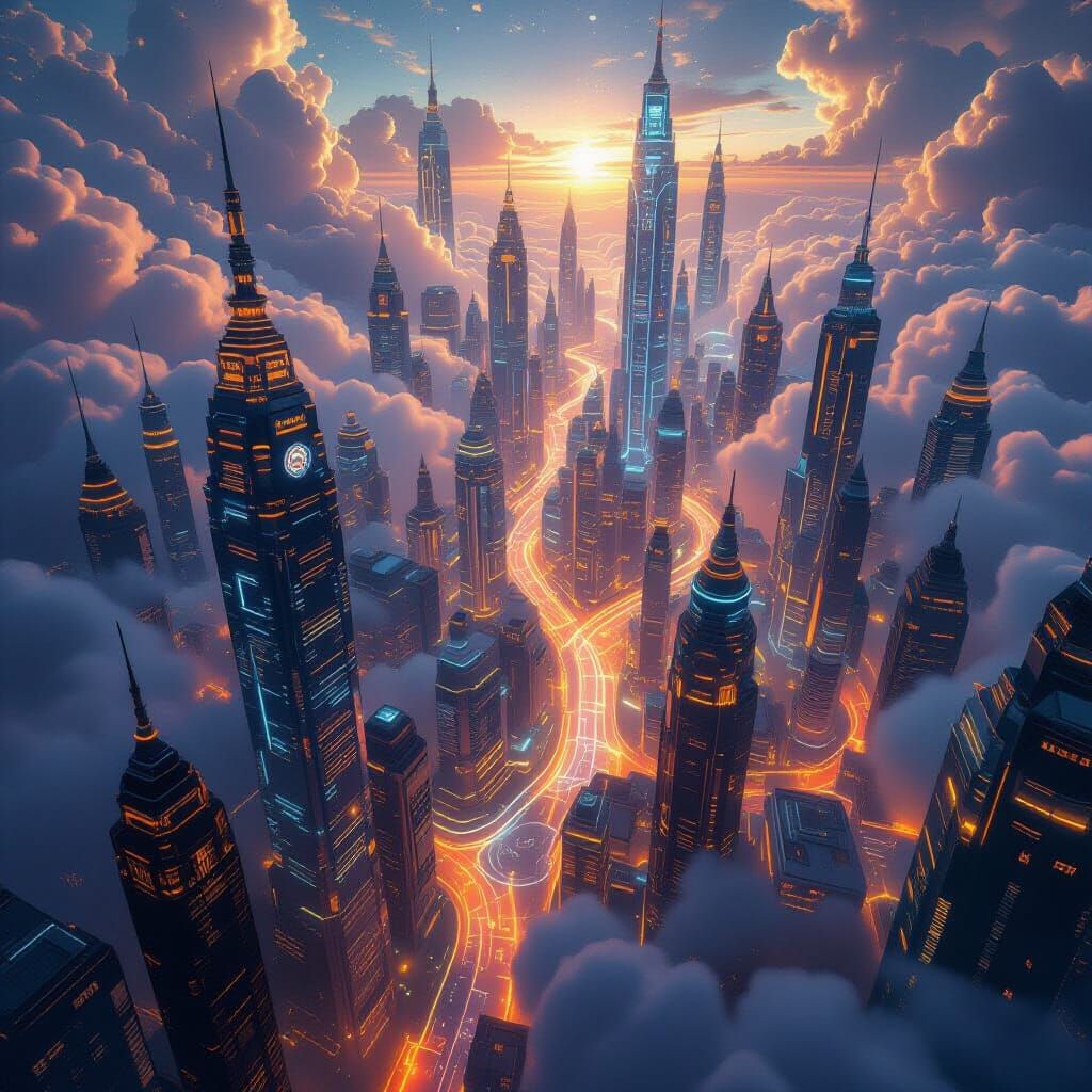 Glowing Futuristic Cityscape From Above, Dreamy Astral Illus...