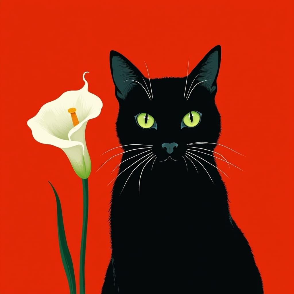 Black Cat and Calla Lily in Abstract Style