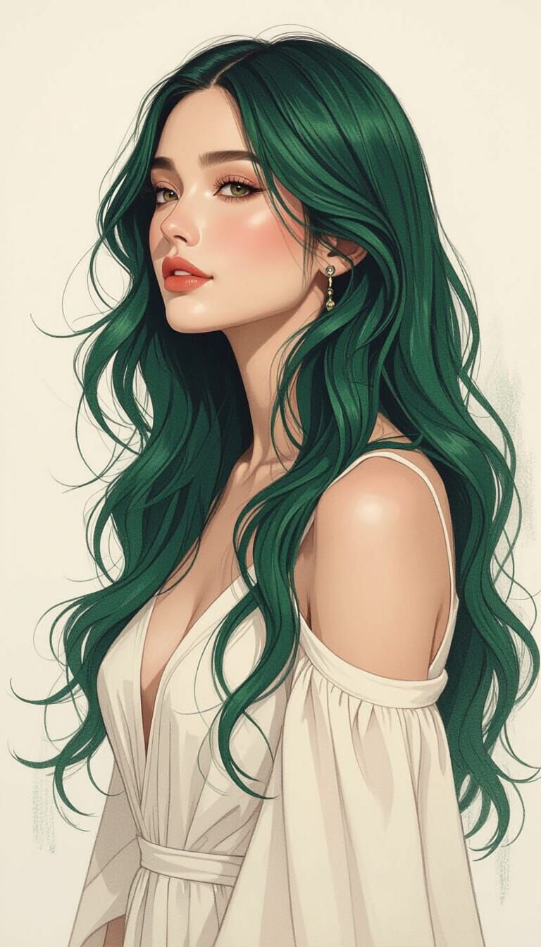 Woman with Emerald Hair: Figurative Abstract Painting