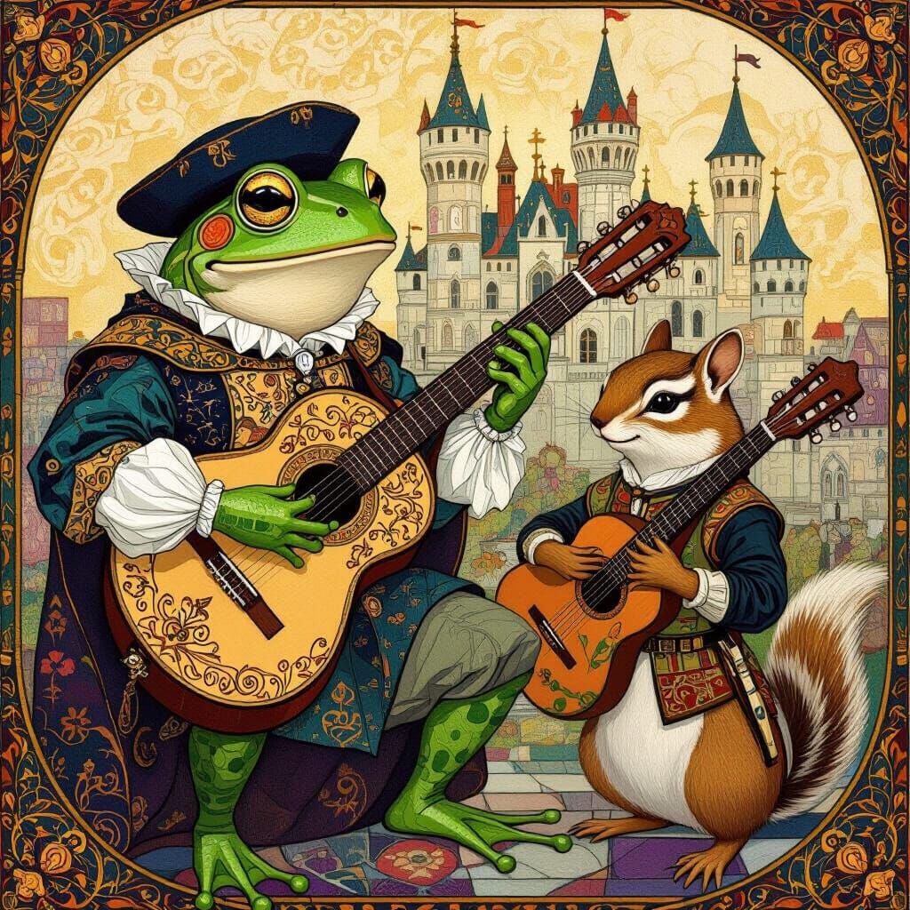 Medieval Frog Prince Plays Guitar in Klimt Style