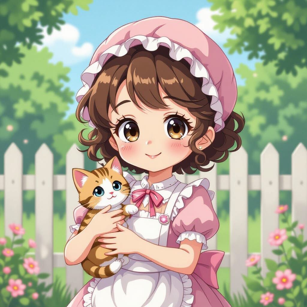 Anime Girl Holds Kitten in Pastel Drawing Style