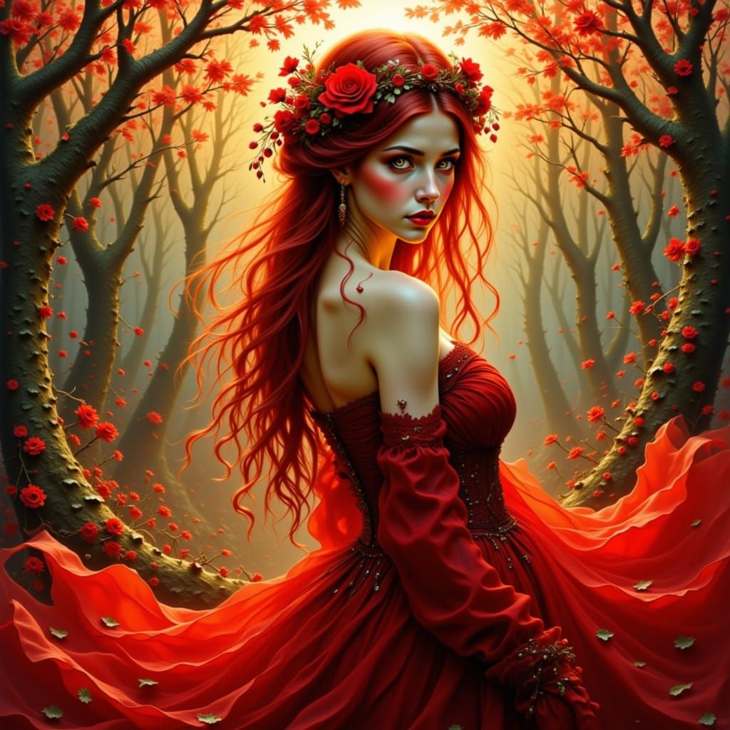 Red Maiden Portrait in Romantic Allegorical Style