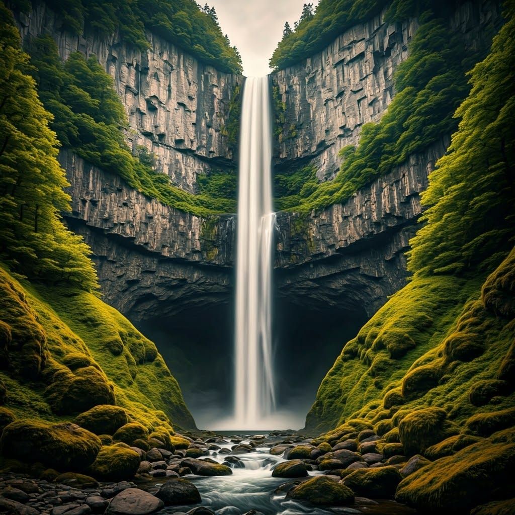 Majestic Waterfall Cascading Down Rocky Cliff in High Resolu...