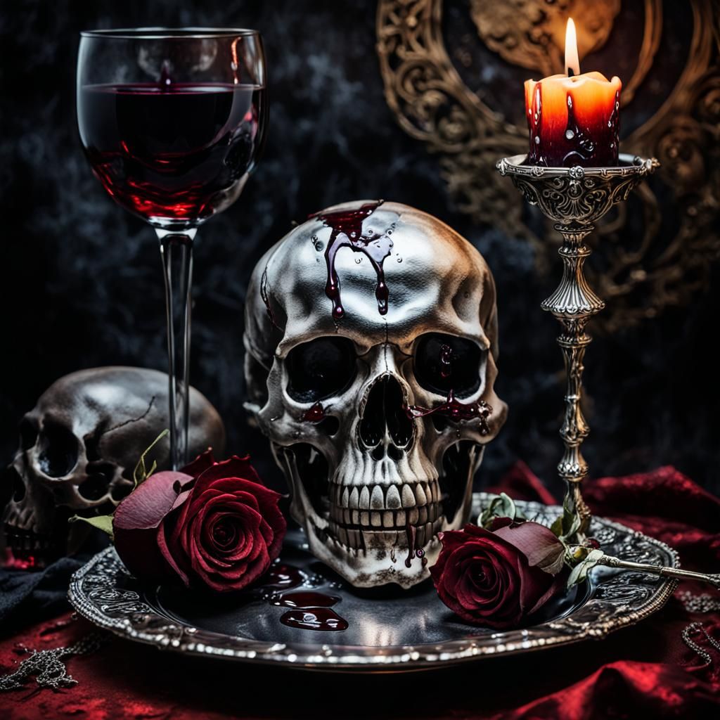 Dark Fantasy Still Life with Skull, Candle, and Rose