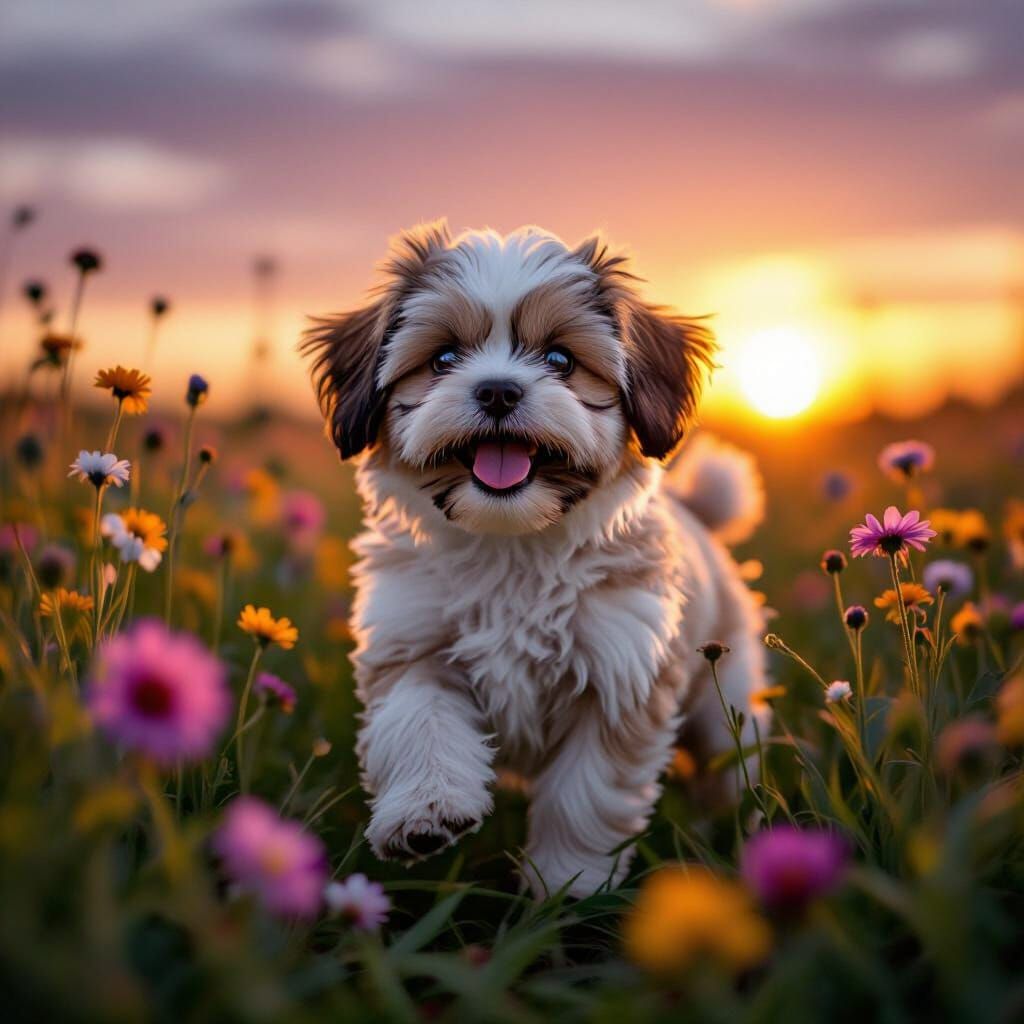 Happy Shih Tzu Puppy in Wildflower Field at Sunset