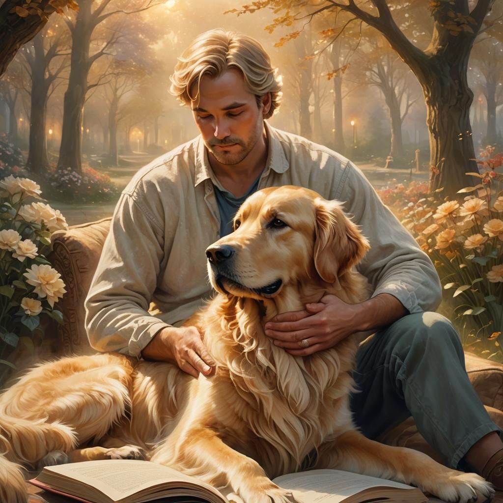 Ethereal Fantasy: Man Reads to Golden Retriever