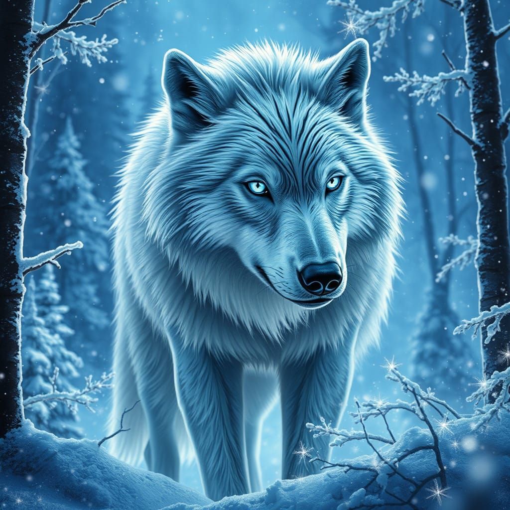 Majestic Snow-White Wolf in Winter Wonderland, Icy Blue Eyes...