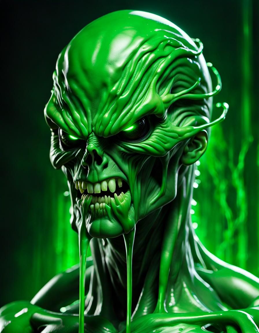 Glowing Green Mucus Humanoid in Liquid Environment