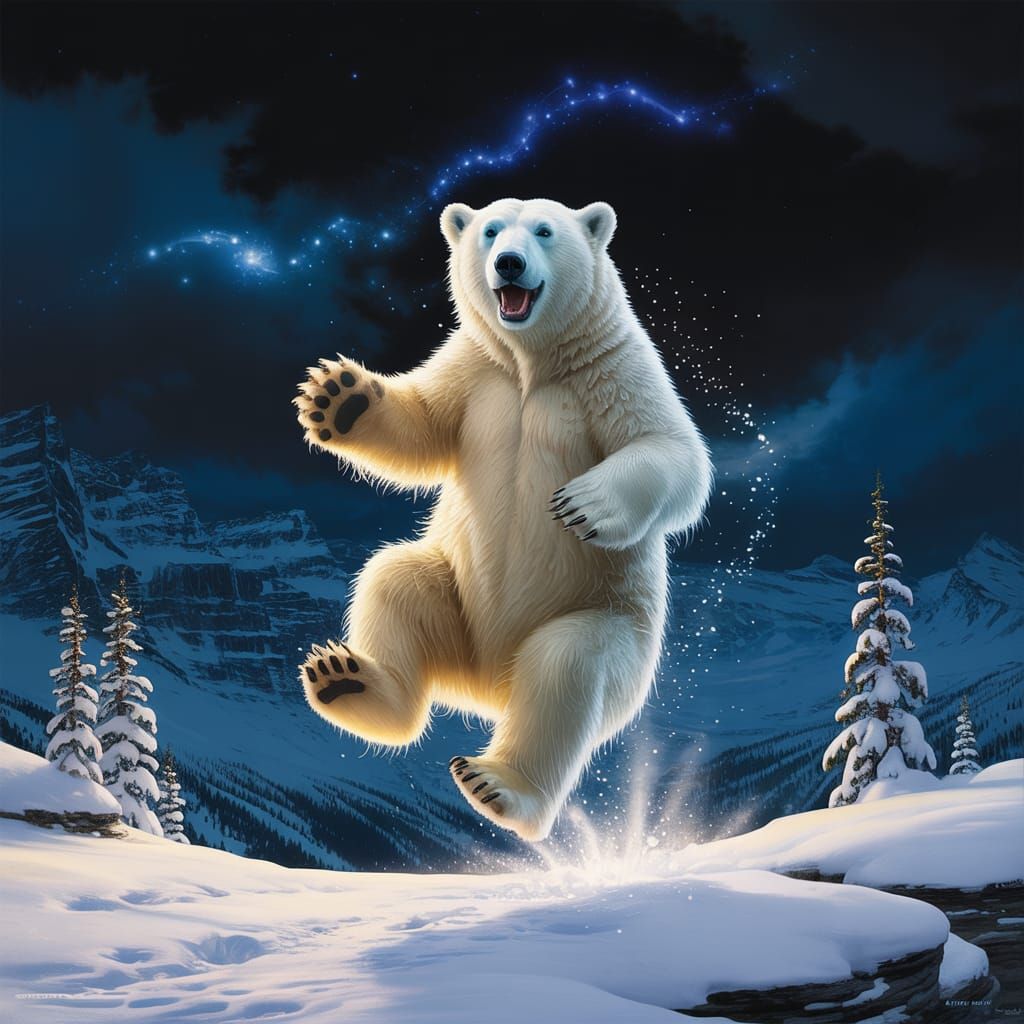 Fluffy Polar Bear's Winter Jump: Digital Art