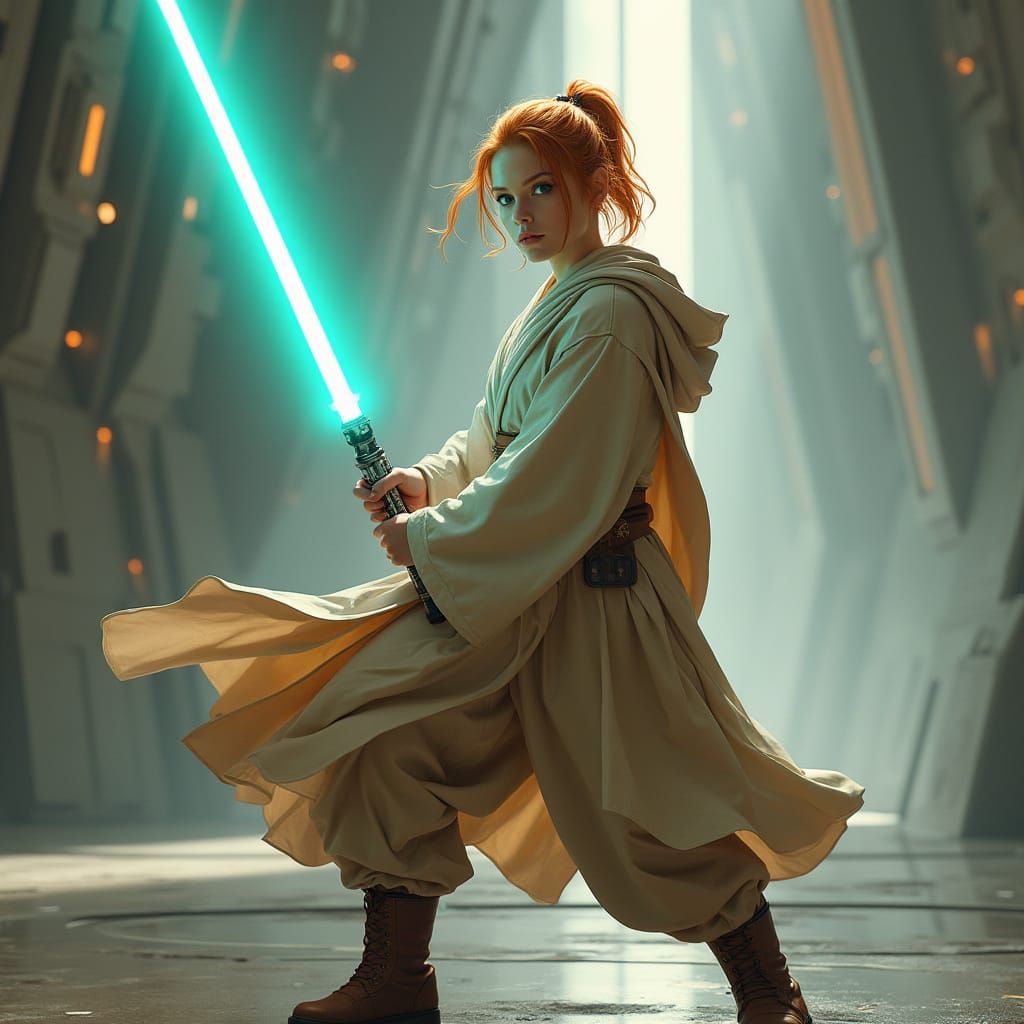 Ethereal Jedi Warrior in Light Brown Robes, Teal Lightsaber ...