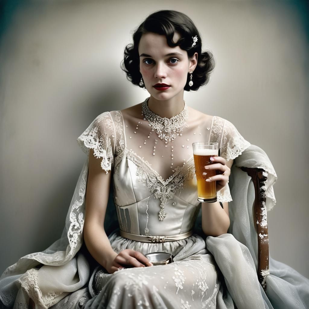 Elegant Woman with Beer, Black and White Portrait