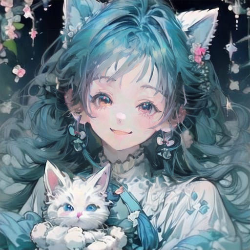 Cute Anime Girl with Kitten Ears and Blue Hair