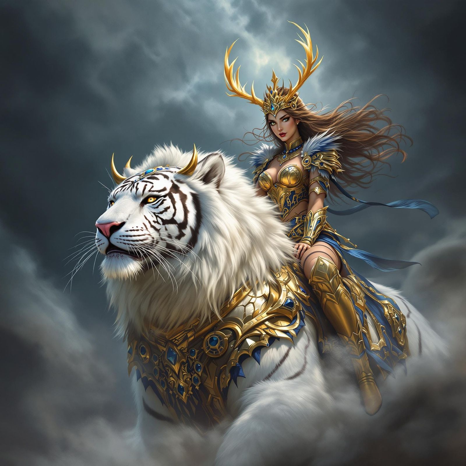 Warrior Queen on White Tiger in Fantasy Art Style