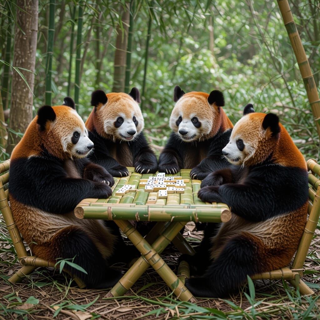 Red Pandas Play Dominoes in Lush Jungle Setting
