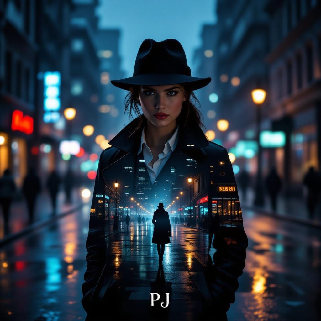 Noir Detective Double Exposure in a Cinematic Digital Painti...