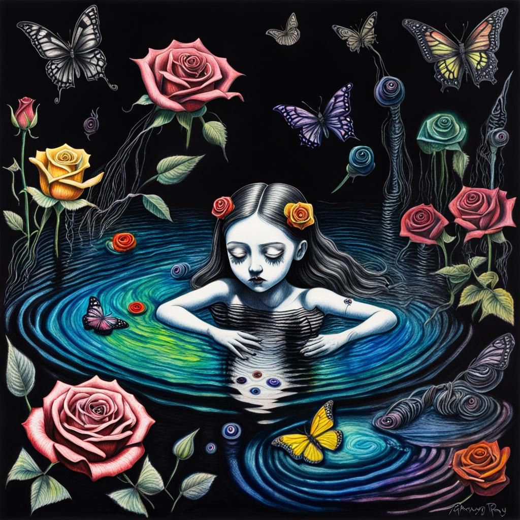 Surreal Crayon Drawing: Goth Woman in Darkness