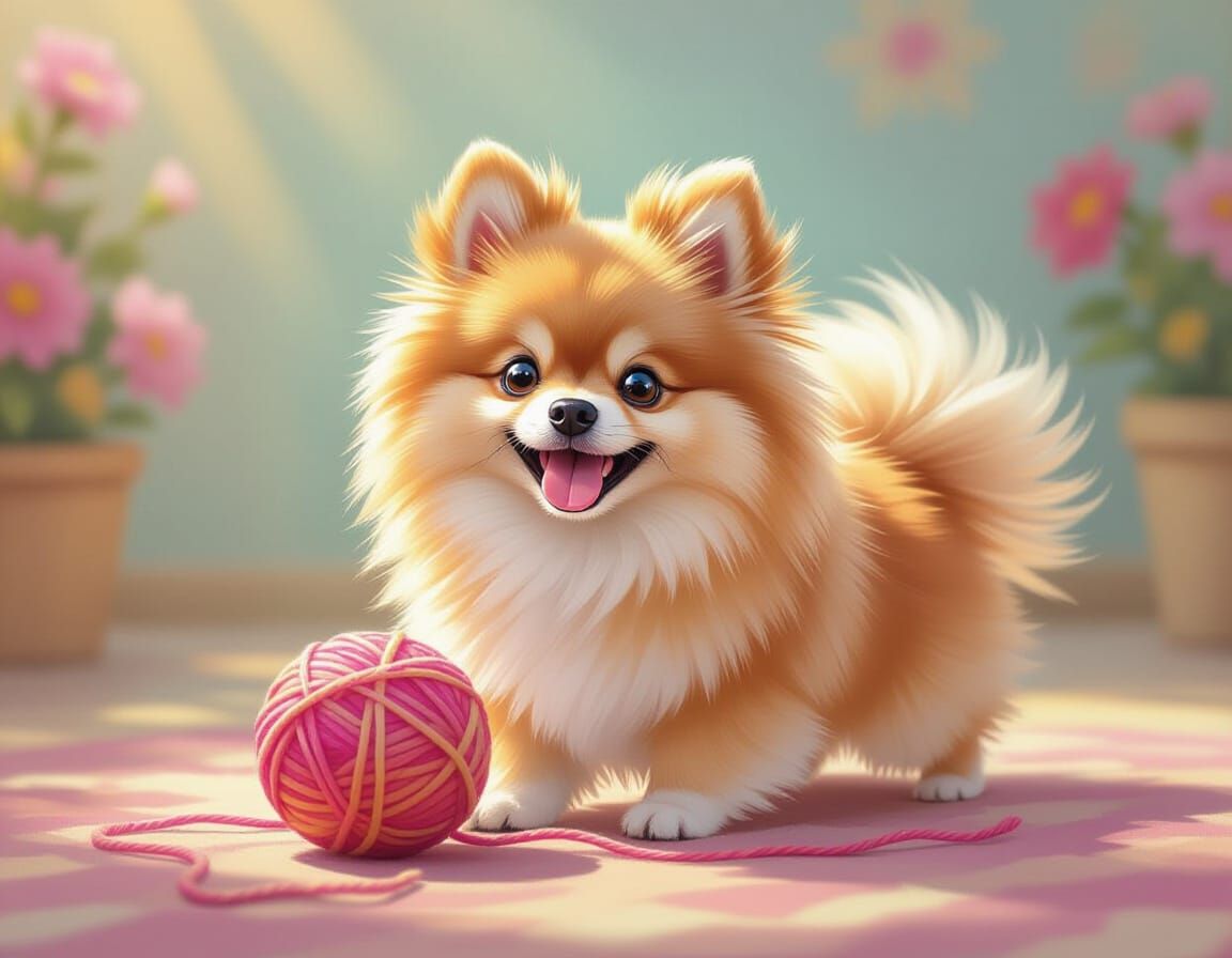Fluffy Pomeranian Dog Playing with Yarn in Whimsical Studio