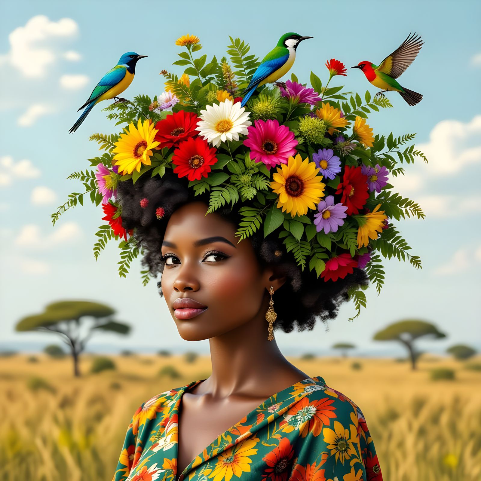African Woman Crowned with Savannah Wildlife