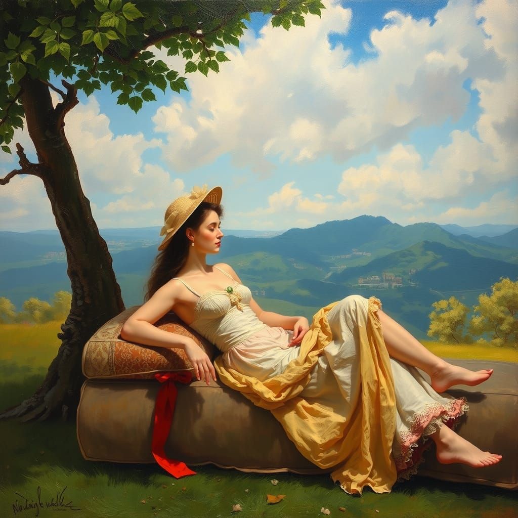 Renaissance Woman Lounging, Impressionistic Oil Painting