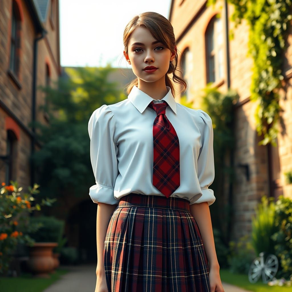 Confident Young Woman in Traditional English School Uniform