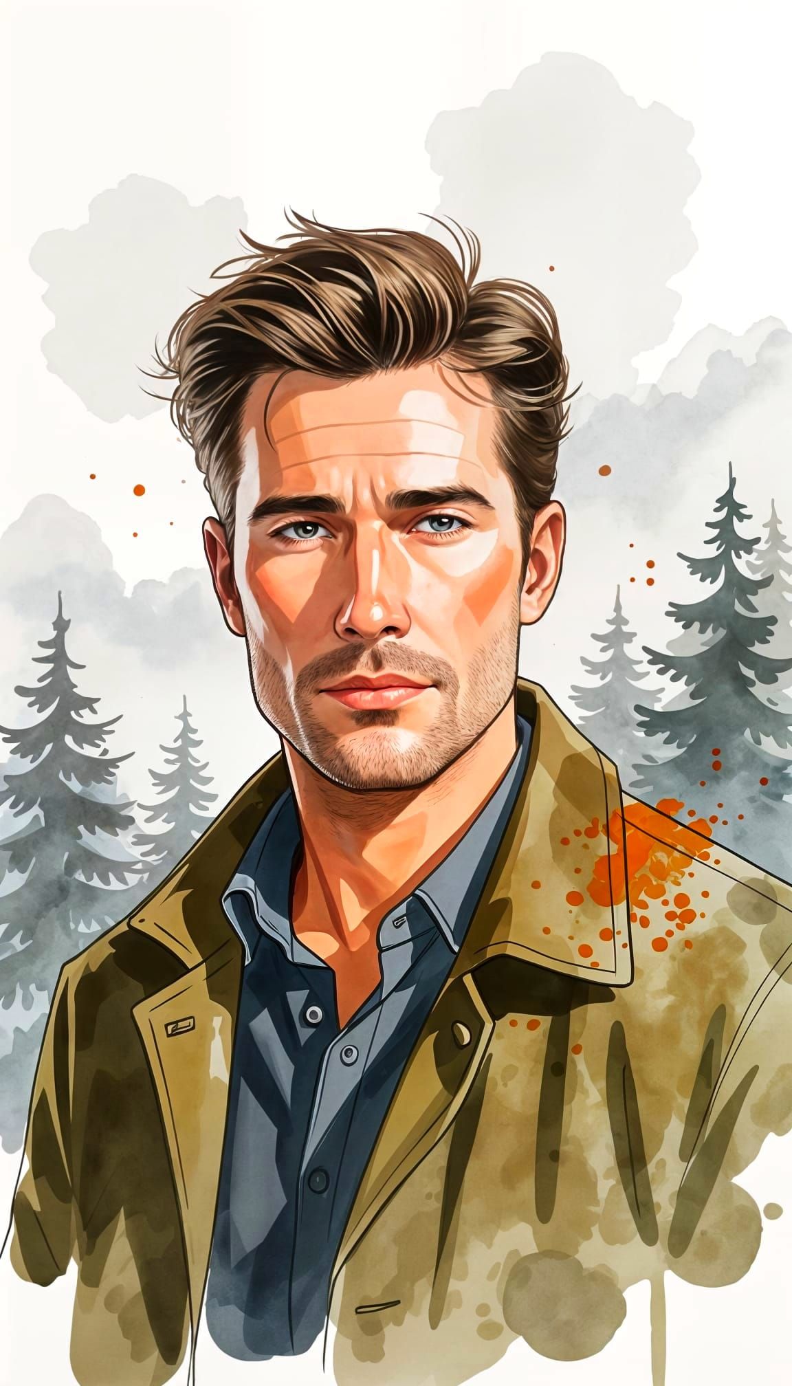 Digital Watercolor Ink Portrait of Man with Intense Gaze