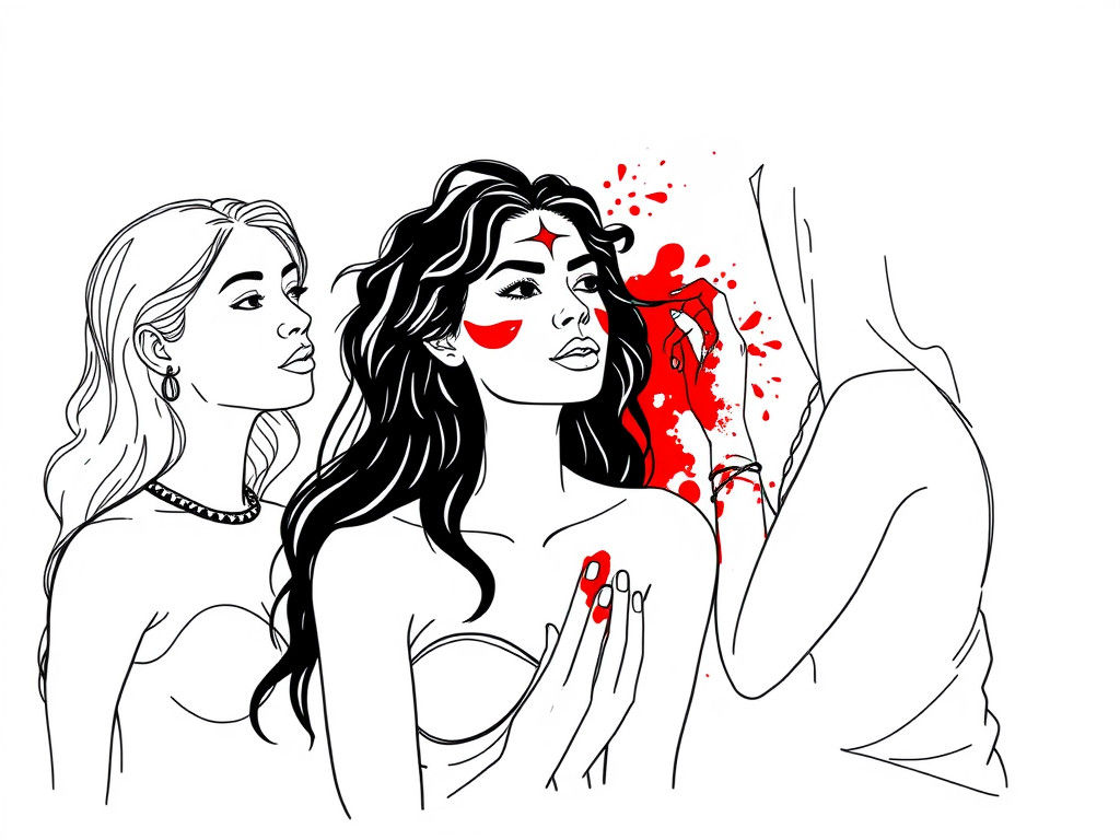 Feminist Tribe Initiation Rite in Contour Sketch Style