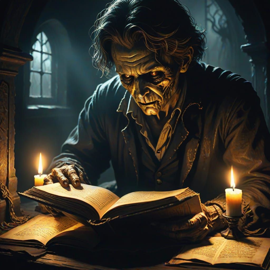 Dark Fantasy Horror Book Illustration with Candlelight