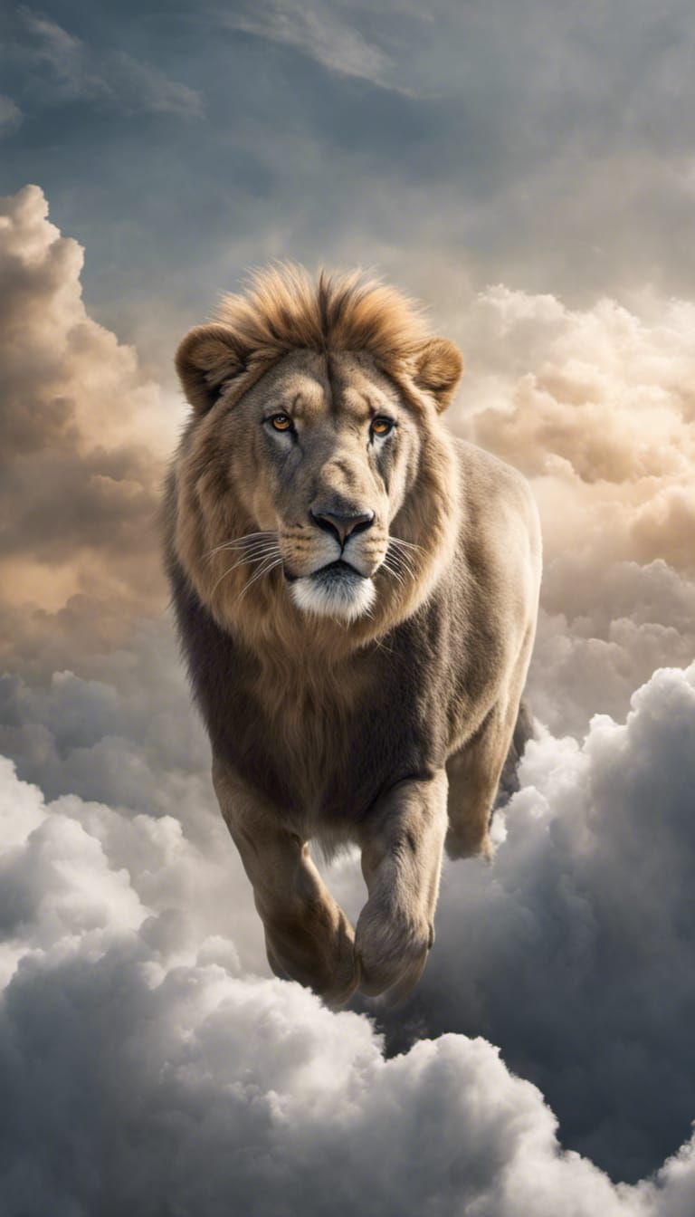 Lion flying through the clouds