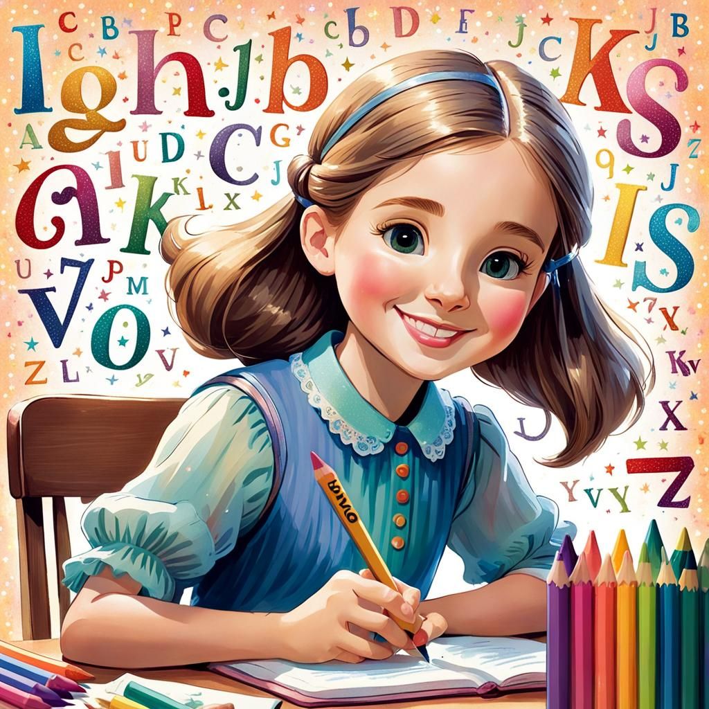 Smiling Girl with Crayon: Whimsical Illustration