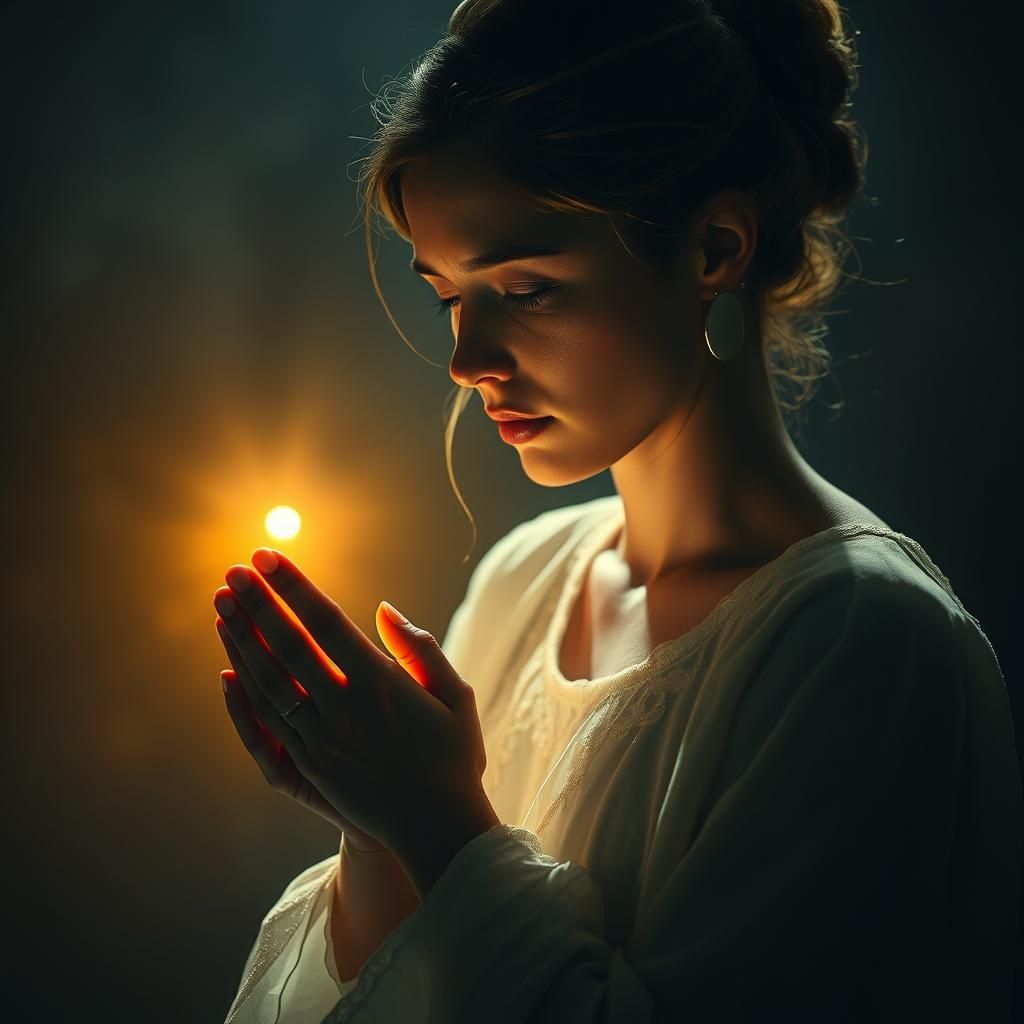 Serene Woman in Prayer with Ethereal Light