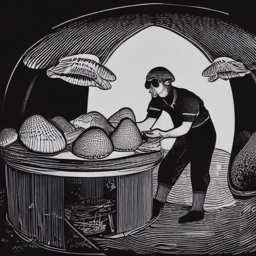 Fly Agaric Mushrooms in Linocut Style