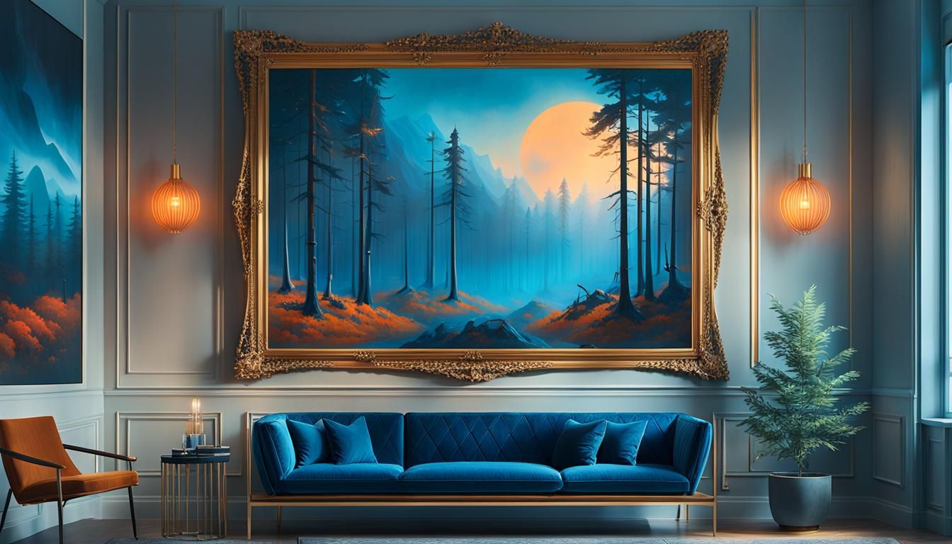 Mystical Forest Landscape in Ornate Golden Frame