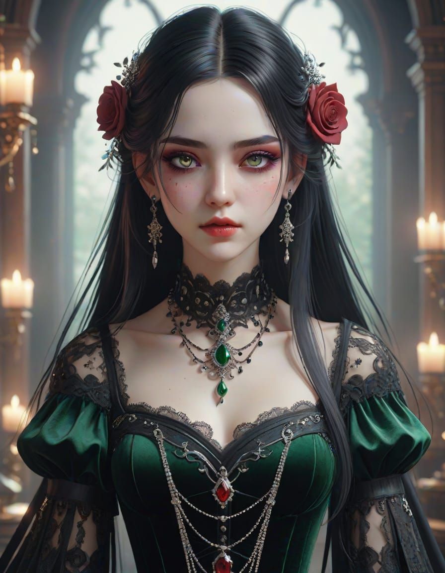 Anime Goth Girl in Emerald and Velvet, Watercolor Style