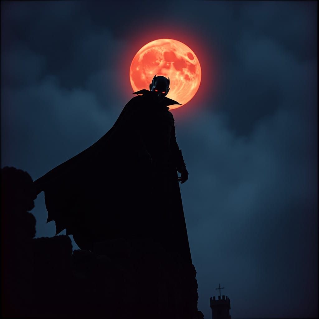 Mysterious Dracula Stands atop Ruined Castle Wall