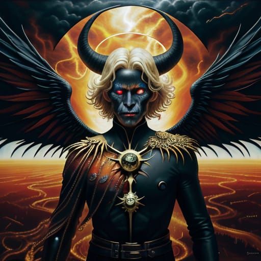 Surreal Blond Boy in Hell, Oil Painting Style