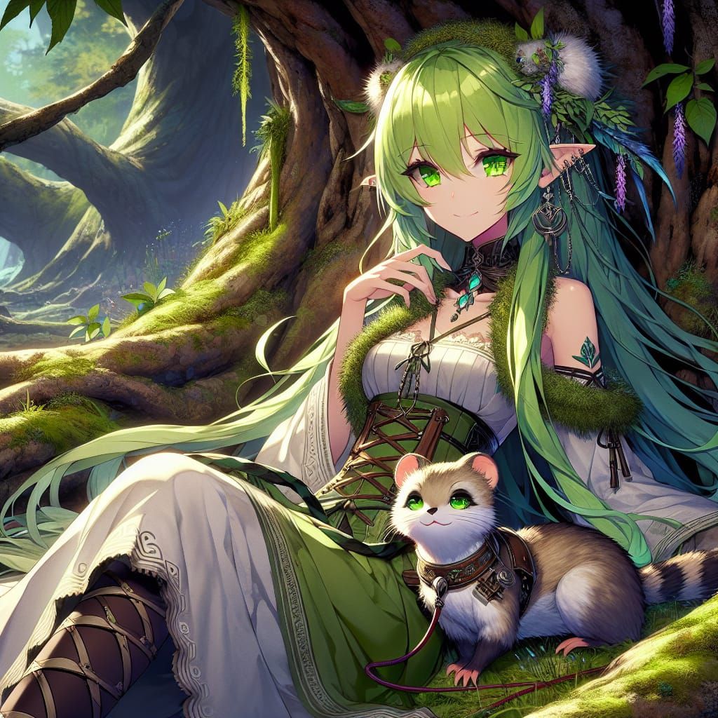 Anime Druid Woman Resting with Weasel Companion