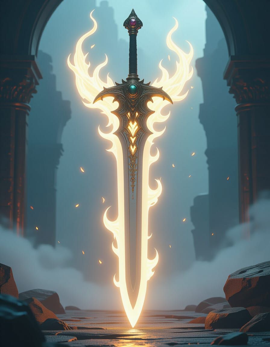 Magical Sword Enveloped in White Flames