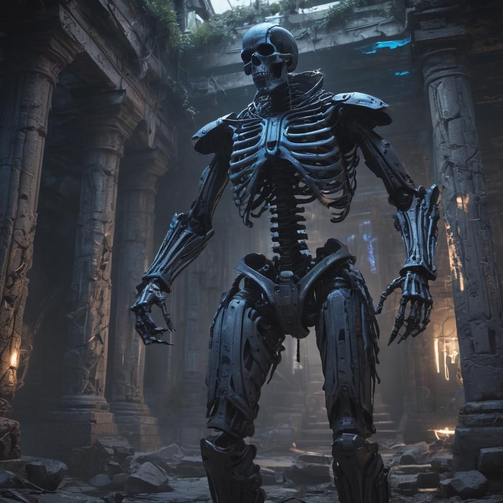 Cybernetic Viking Berserker Skeleton in Cyberpunk Temple