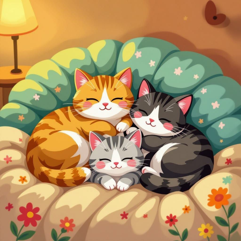 Cute Cats Cuddling on Plush Bed as Whimsical Art