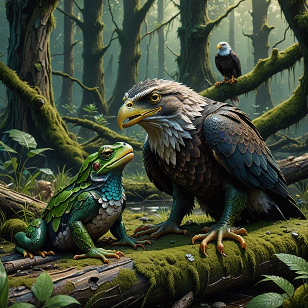 Fantasy Frog Licks Eagle in Swampy Forest