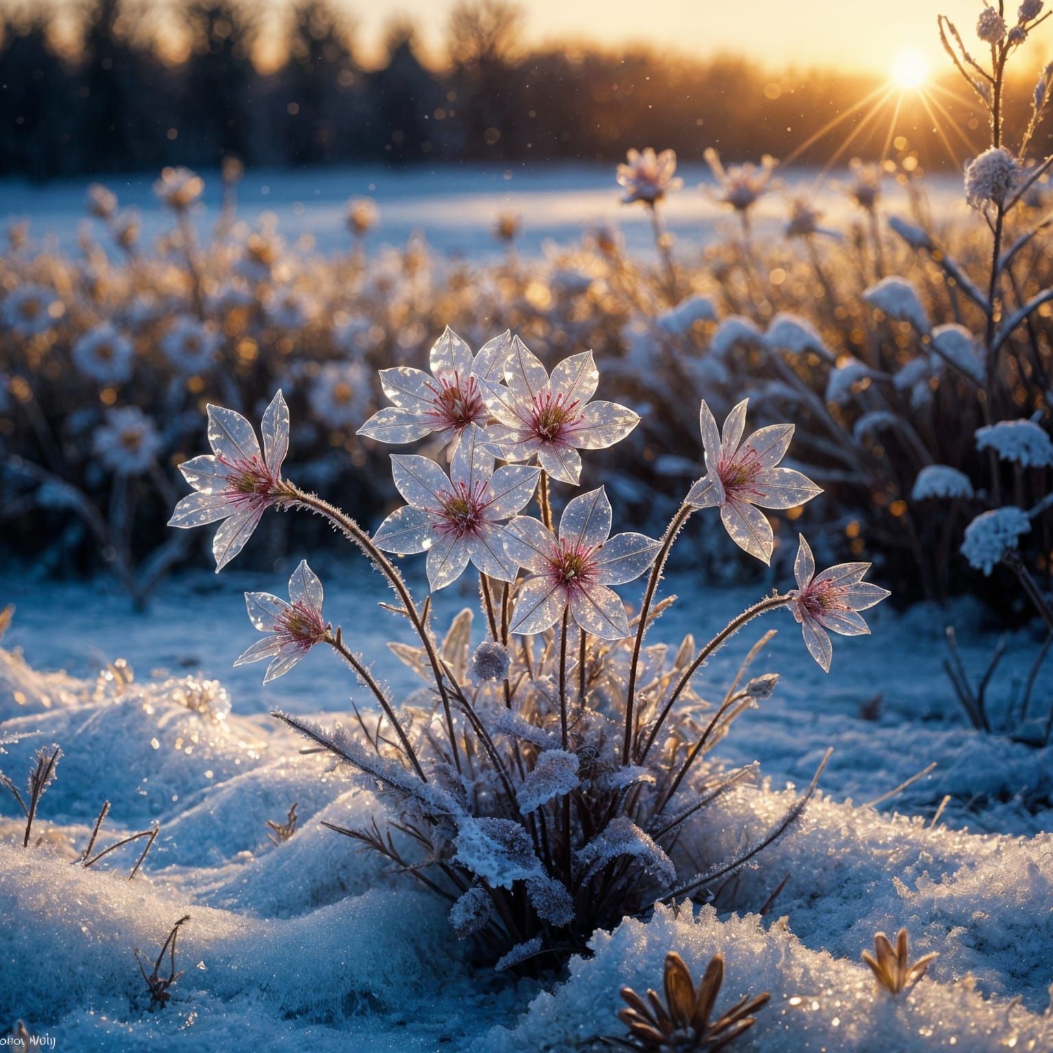 Ultra-Realistic Ice Flowers at Sunset