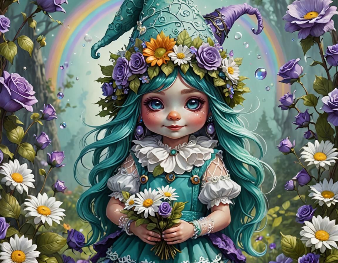 Rainbow-Haired Gnome with Floral Bouquet, Digital Art
