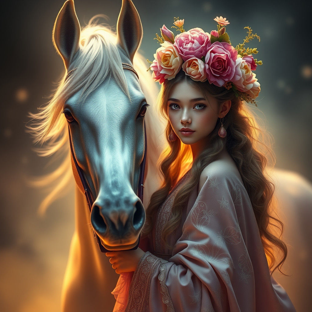 Fantasy Flower Girl and Horse in Art Nouveau Style